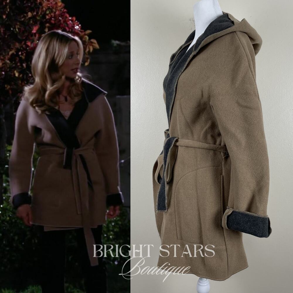 Rare Vintage Wool Coat Jacket ASO Buffy Summers BtVS Womens Tan Gray Belt - Picture 2 of 13